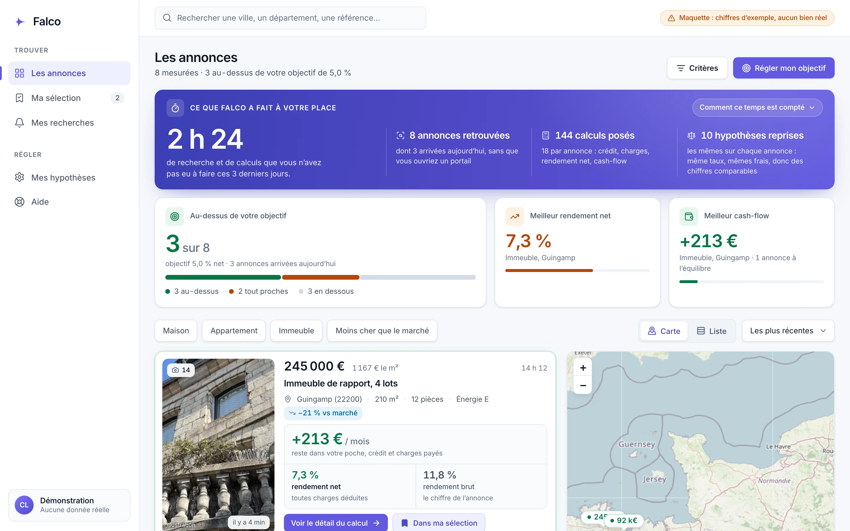 Le logiciel Falco, écran Les annonces : ce que Falco a fait à votre place, 2 h 24 de recherche et de calculs épargnés, puis les annonces chiffrées et leur carte.