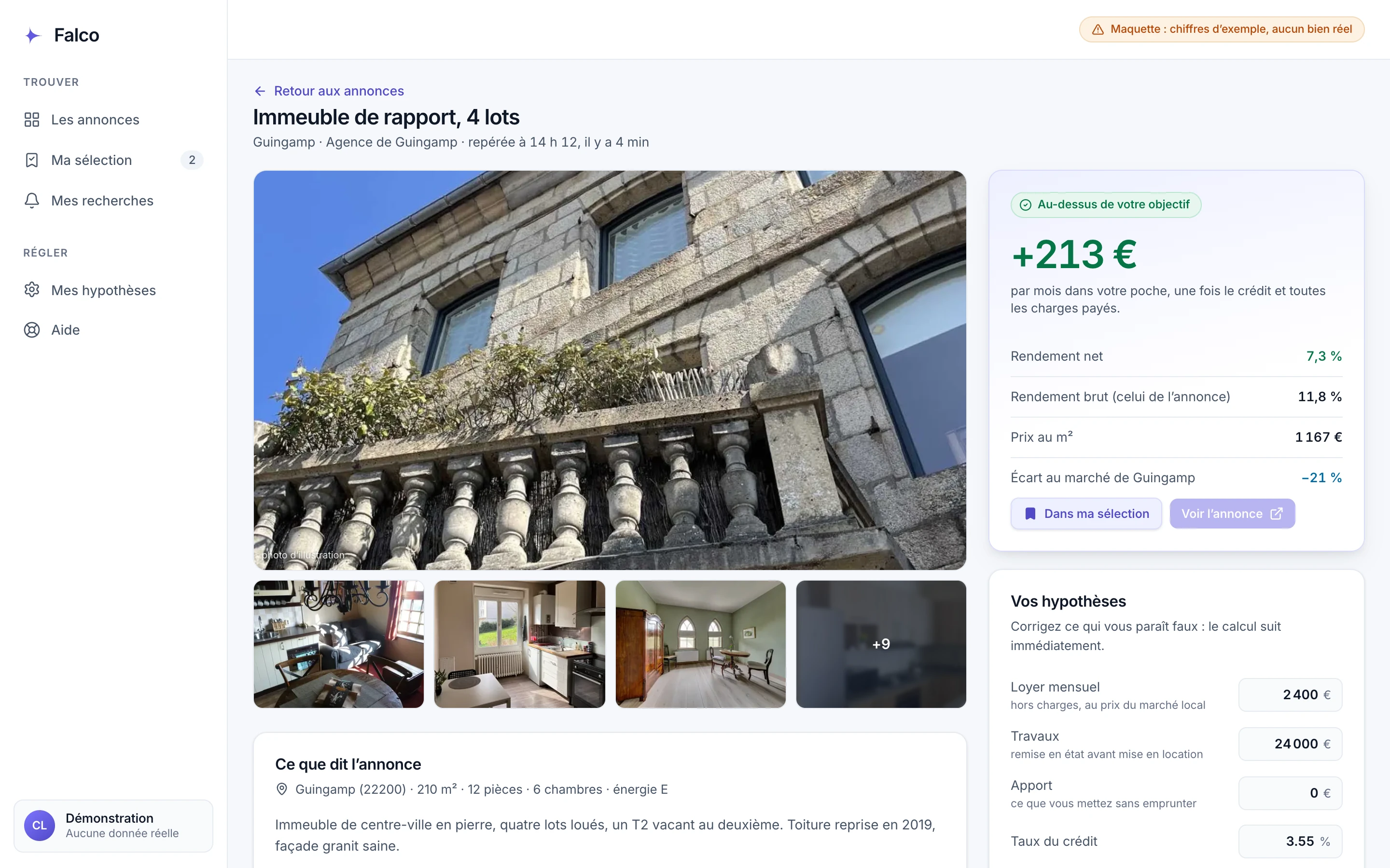 La fiche d’un immeuble de rapport à Guingamp dans Falco : 213 € de cash-flow mensuel, 7,3 % de rendement net, 21 % sous le prix du marché, hypothèses modifiables.
