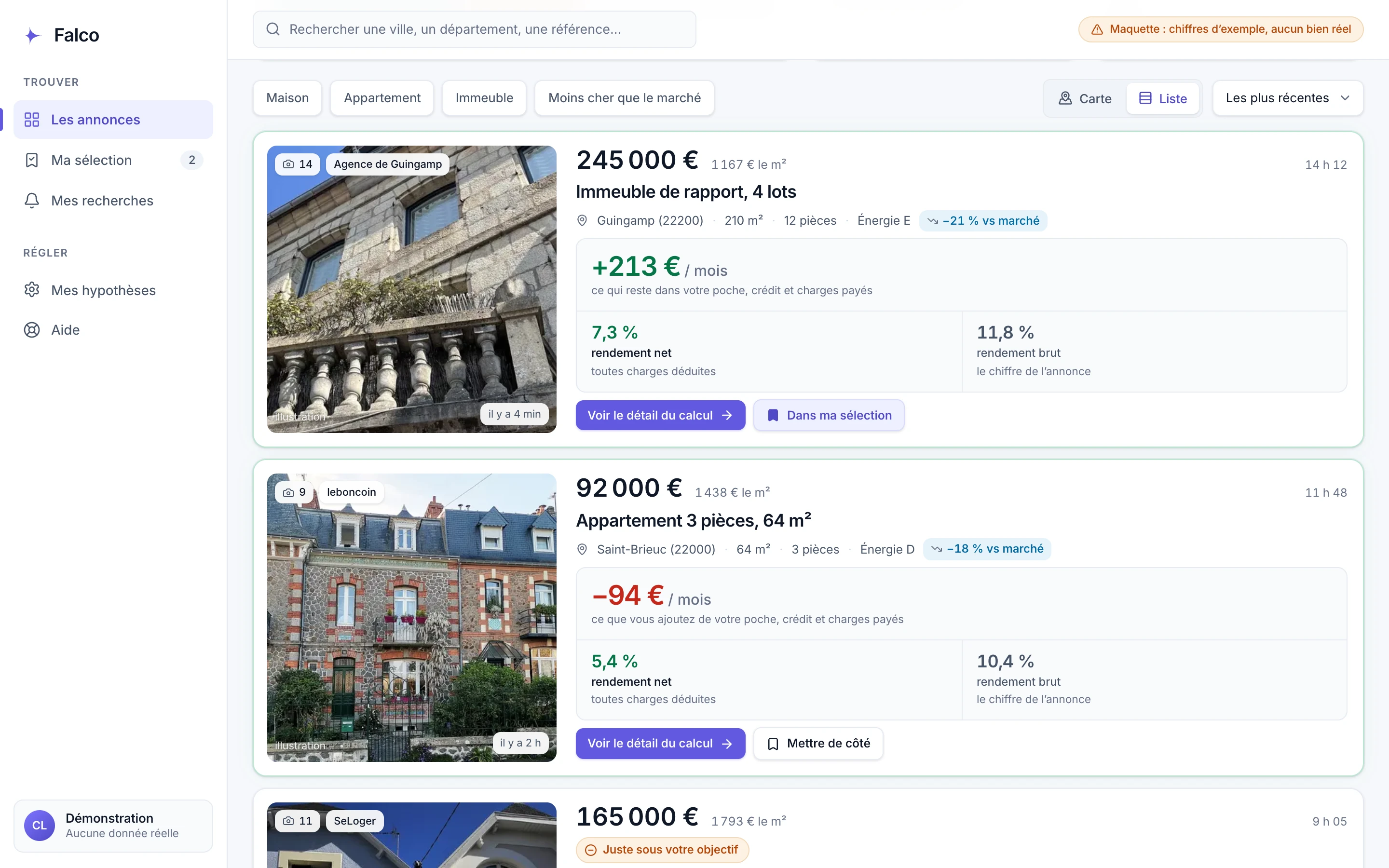 Le fil des annonces dans Falco : chaque annonce arrive datée, avec son prix, son cash-flow mensuel et ses rendements.